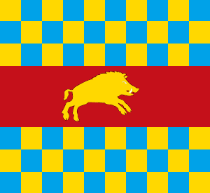 Arms Image: Chequy azure and or, per fesse gules a boar statant or sinister, queue nowed
